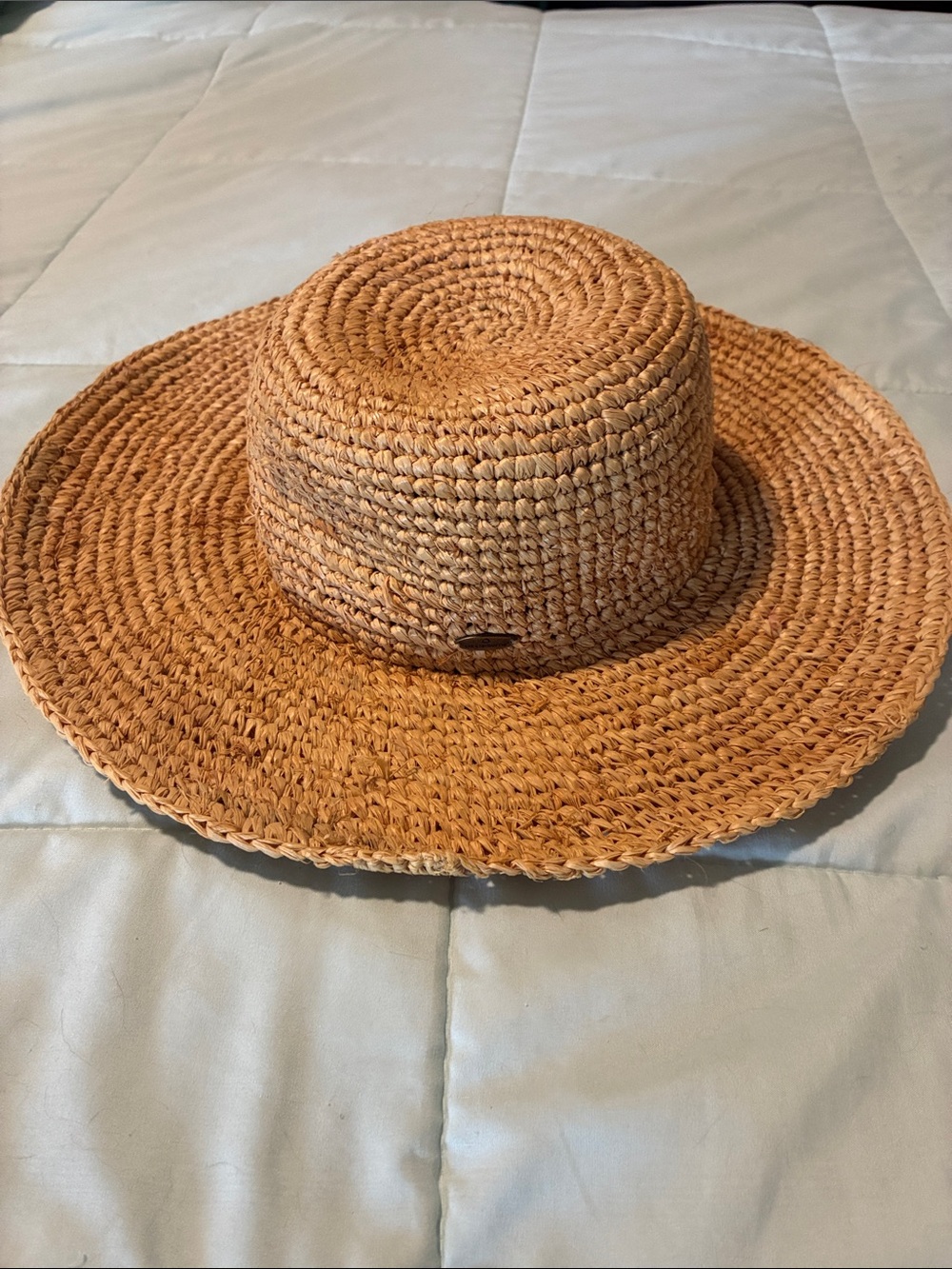 Vintage Liz Claiborne Straw Sun Hat Wide Brim Boho Beach Crochet Raffia Tan OS